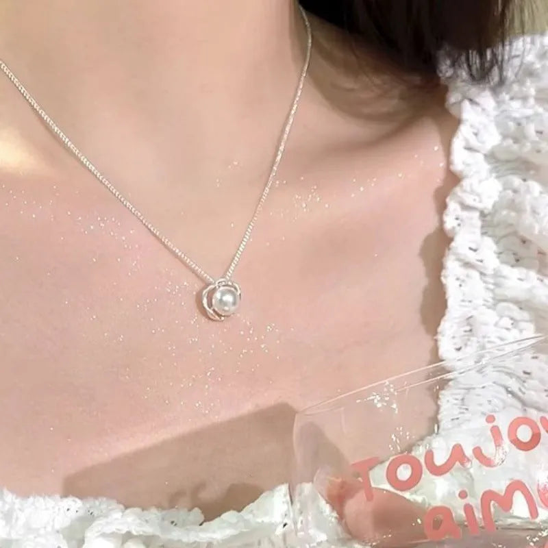 Women's rose pearl geometric circle ring line necklace with cross chain and copper electroplated finish