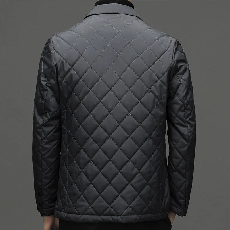 Men's thick winter down jacket in lapel cardigan style with side seam pockets