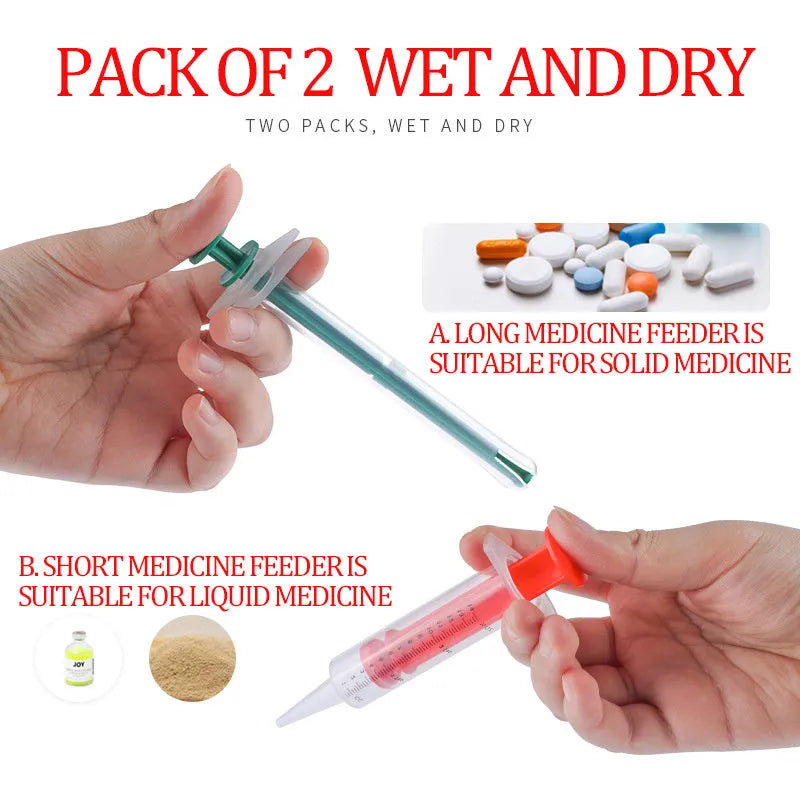 Two silicone pet pill shooters with soft tips for feeding medication to cats and dogs.