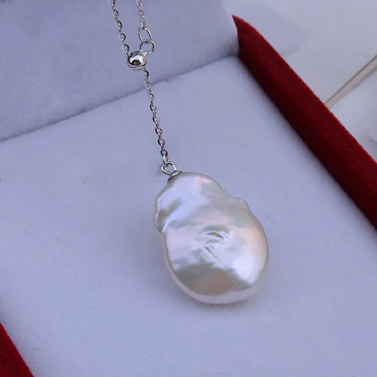 Freshwater pearl shaped baroque pendant on 925 sterling silver button necklace, natural water flow style, silver colour