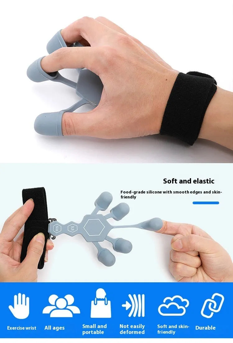 Grey and black silicone hand trainer brace for five-finger rehabilitation and strength training