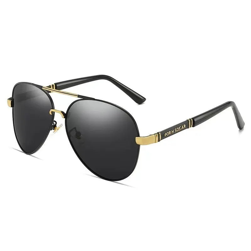 Men's polarised sunglasses with metal frame in gold, shown with grey lenses.