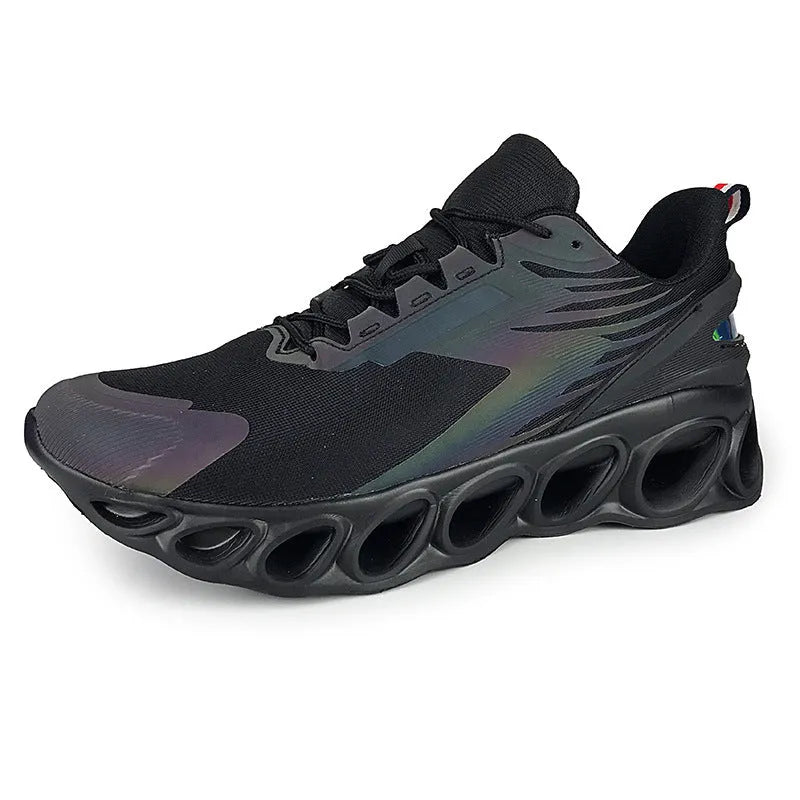 Black breathable low-top casual sports shoes with mesh upper and white stitching on a flat EVA sole.