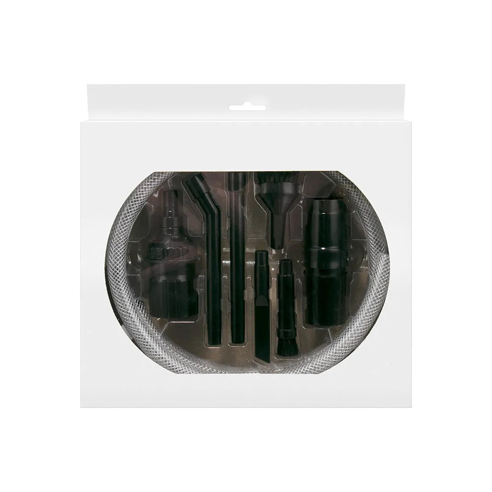 Eight-piece set of vacuum cleaner suction heads and nozzles for compact space cleaning.