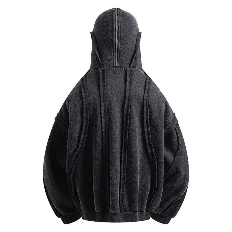 Black men's loose-fit padded cotton hooded cardigan coat with zip front and abstract pattern.