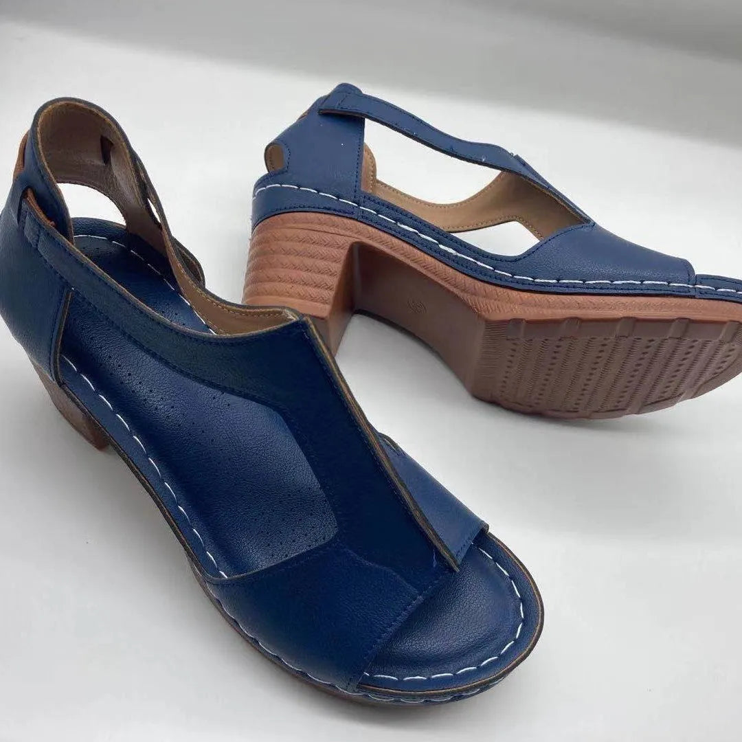 Plus size peep toe wedge sandals with Roman buckle detailing in light brown colour