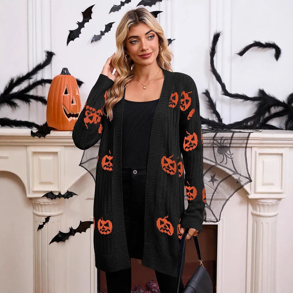 Women's black Halloween pumpkin head jacquard knitted cardigan sweater on hanger