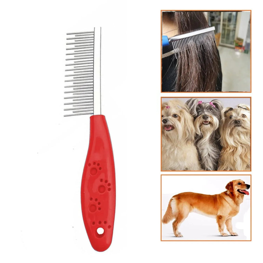 Dual-sided pet grooming comb with stainless steel short and long teeth and a red plastic handle.