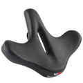 Black leather bicycle saddle cushion with thick polyurethane foam padding.