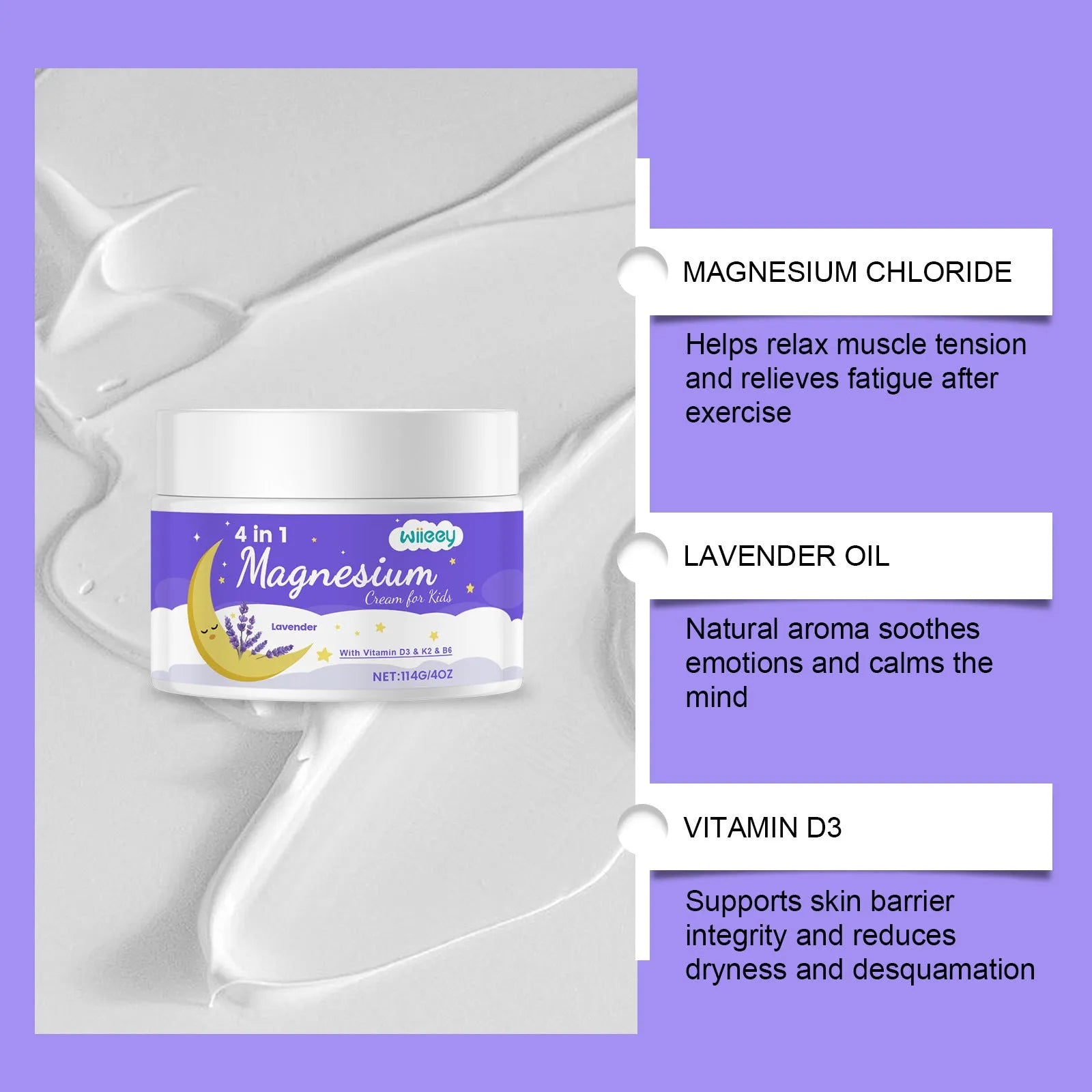 114g jar of 4-in-1 magnesium cream for children with vitamins D3, K2 and B6