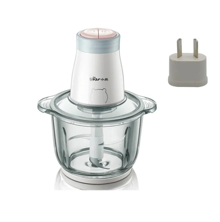 Household electric vegetable chopper with 2L glass bowl and double-layer four-leaf blade