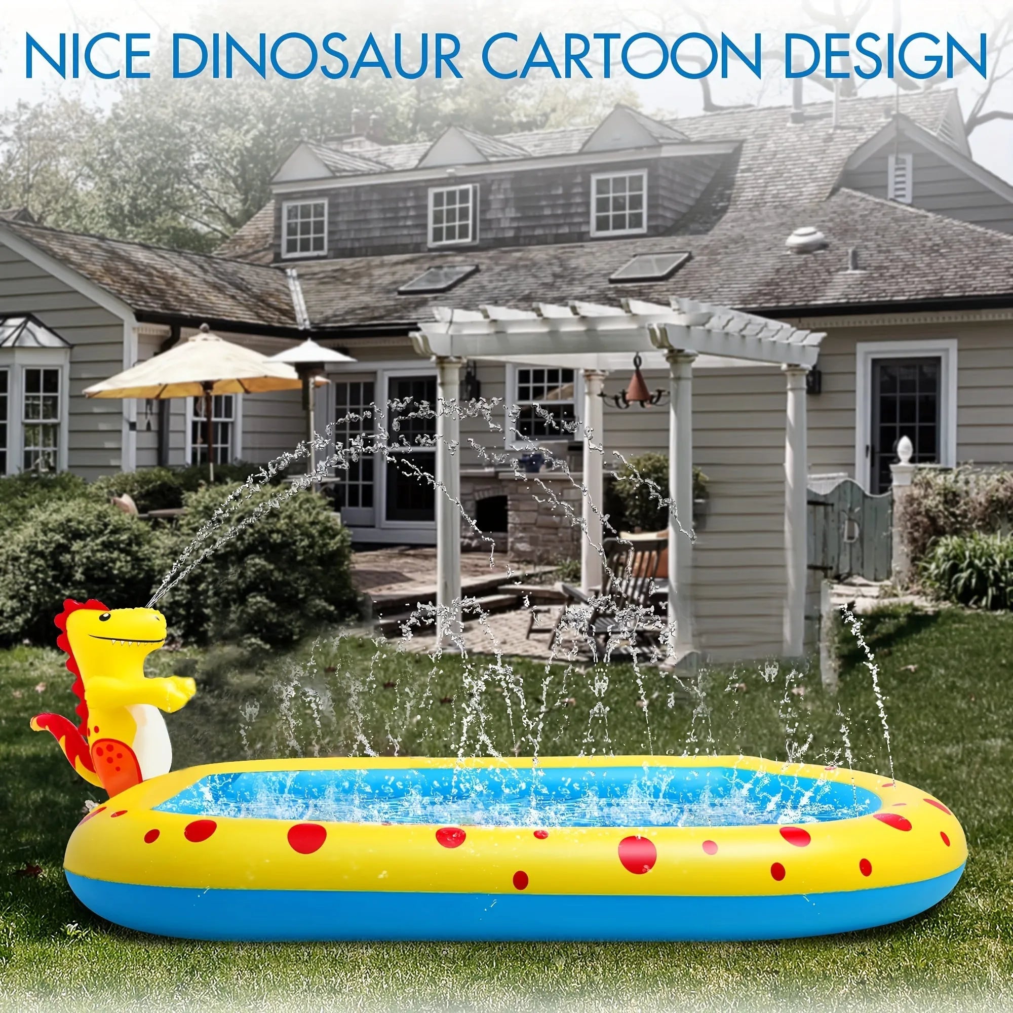 Blue dinosaur and shark water play pool for children in a garden setting