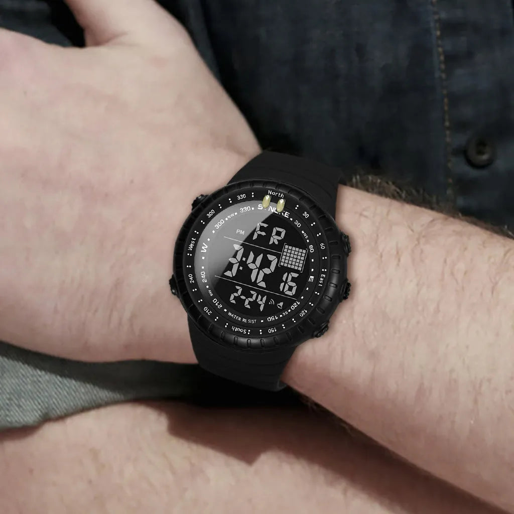 Black men's waterproof outdoor electronic watch with large dial on a PU strap.