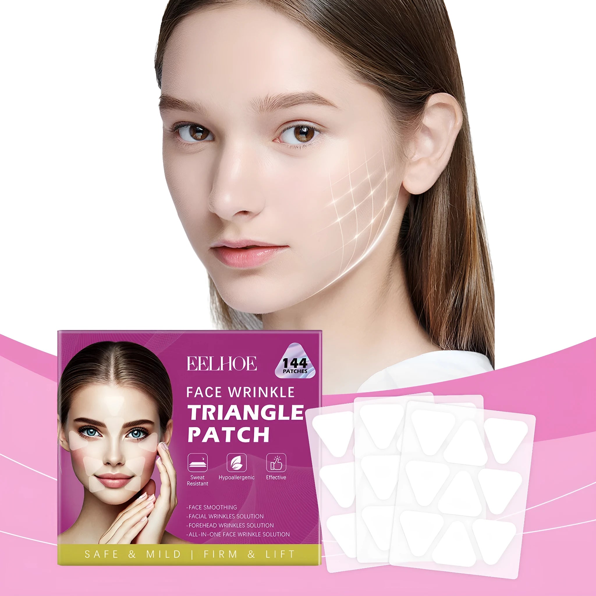 Pack of 144 clear hydrogel facial patches for fine lines on eyes and forehead.