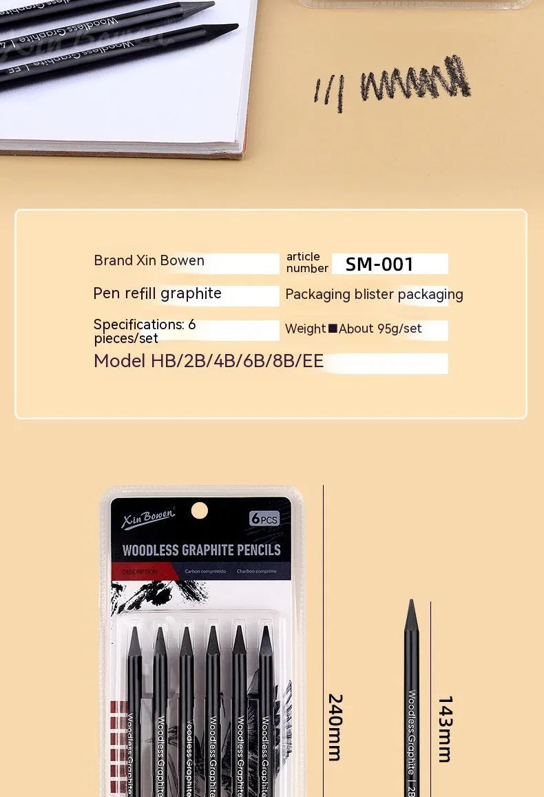 Six graphite sketching pencils in wood-free full lead design with HB 2B 4B 6B 8B EE grades
