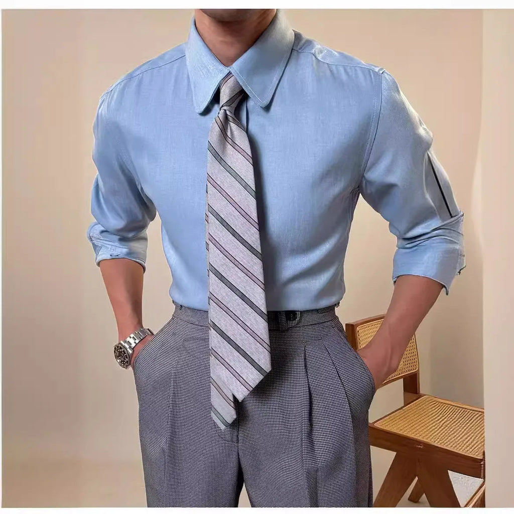 Men's blue slim fit long sleeve shirt with round collar business casual style