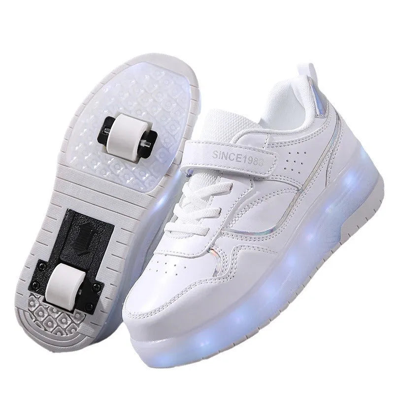 Charging flash roller skates with LED lights in pink, white, black, and purple colours