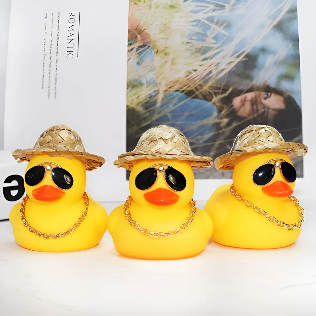 Cartoon straw hat yellow duck car ornament with matte finish, includes base glue and sunglasses necklace
