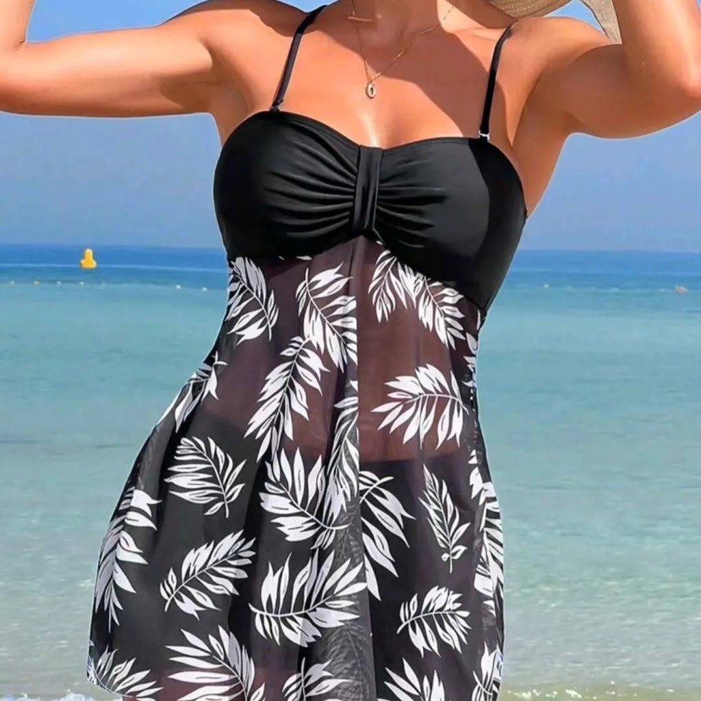 Women's high waist mesh swimsuit split boxers in black, blue, or peacock green colours on a size chart.