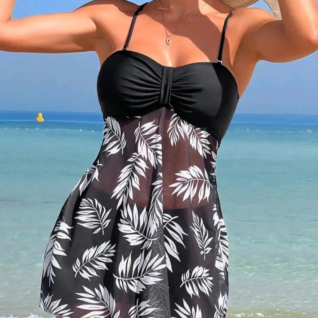 Women's high waist mesh swimsuit split boxers in black, blue, or peacock green colours on a size chart.