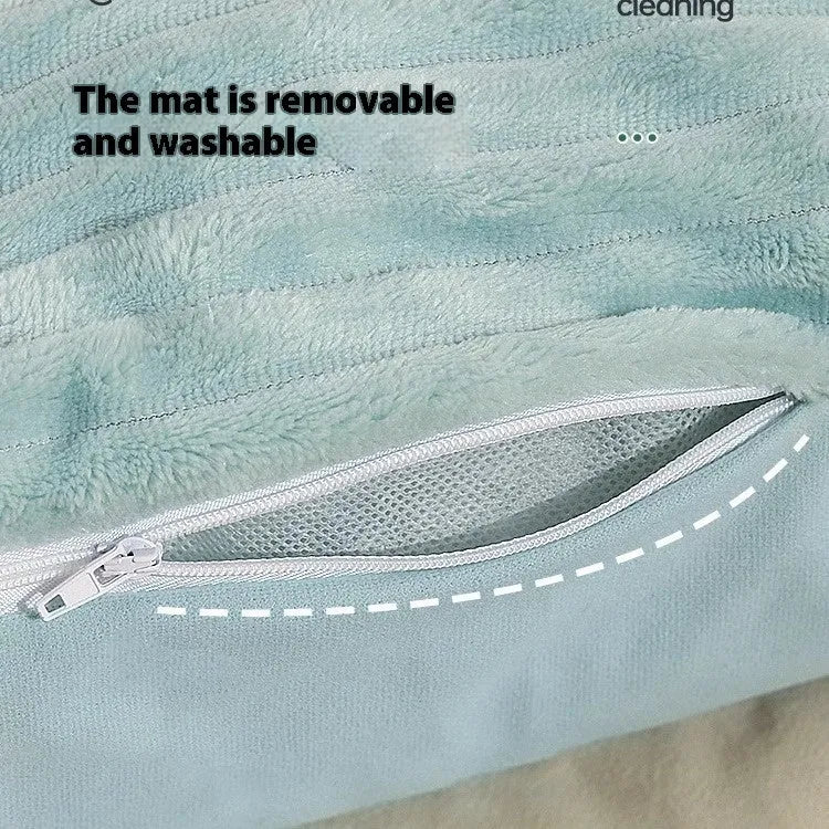 Morandi coloured washable dog mat and cat bed with a removable cover, shown in two sizes.