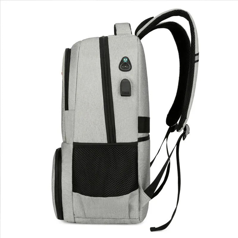 Insulated Oxford cloth backpack in light grey showing compartments and curved shoulder straps.