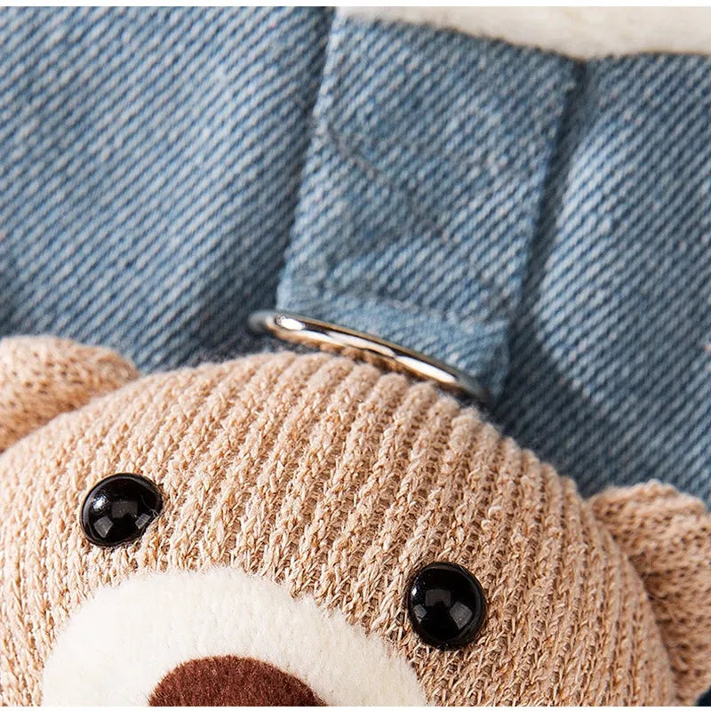 Blue denim pet coat with 3D bear pocket and wool lining for warm winter walks