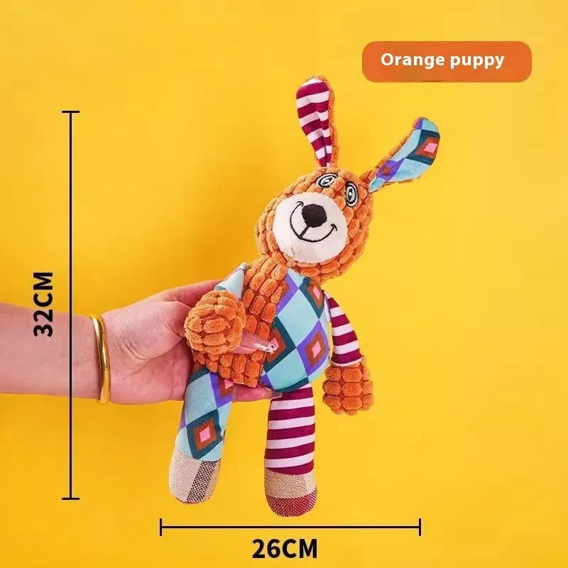 Assortment of plush puppy teething toys including a rechargeable duck, a multi-coloured donkey, an elephant, and a dog.