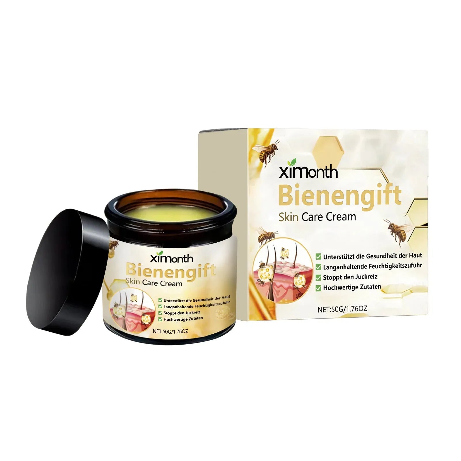 50g bee venom herbal blend moisturising body and neck cream jar.