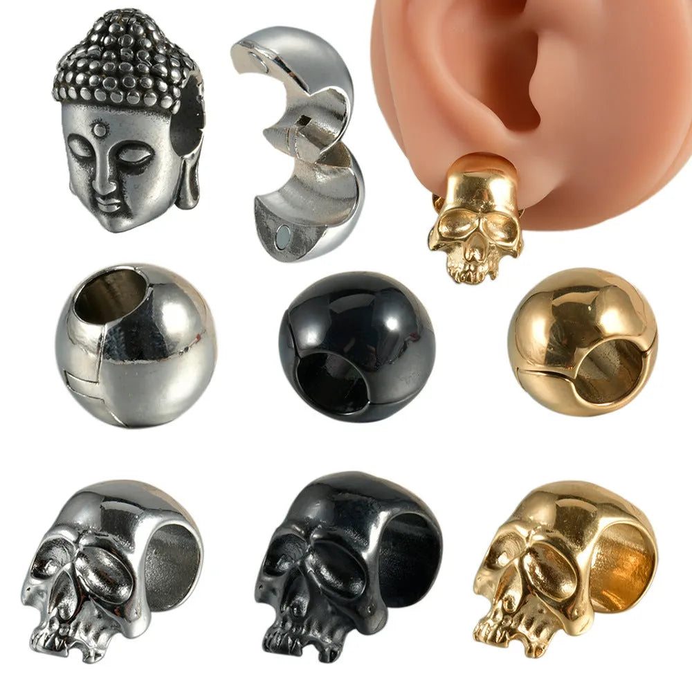 Stainless steel hollow skull Buddha head geometric earrings in four colour options.