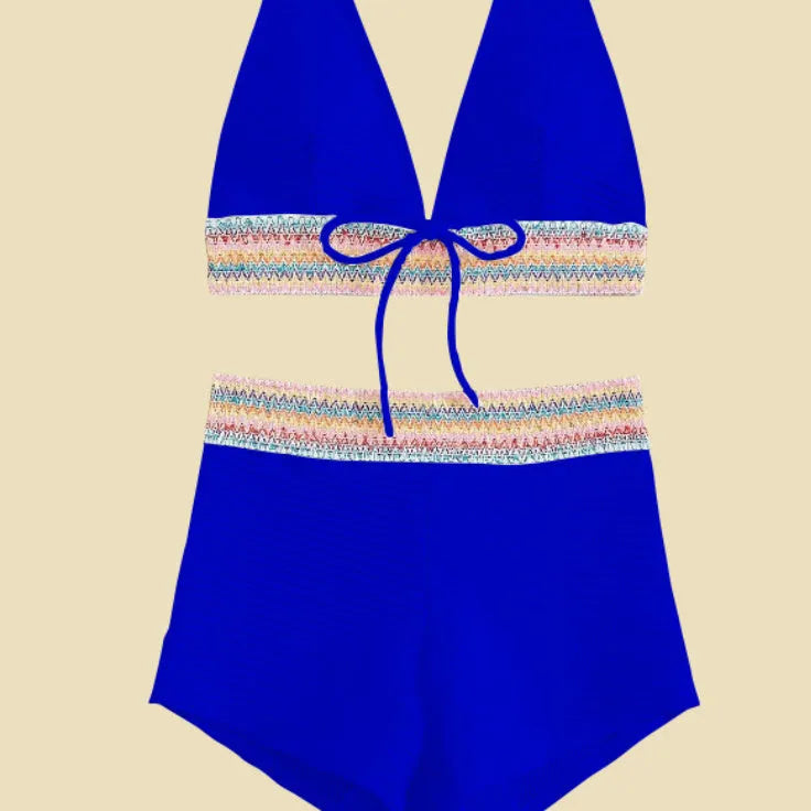 Women's high-waisted bikini swimsuit in polyester with striped or solid pattern in multiple colours