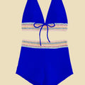 Women's high-waisted bikini swimsuit in polyester with striped or solid pattern in multiple colours