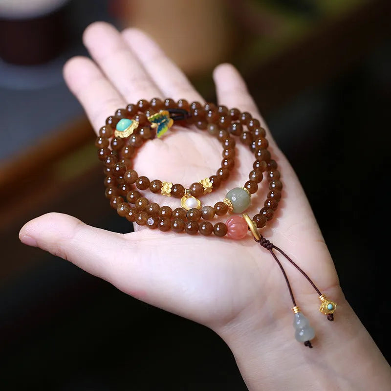Brown jade Hetian jade three-ring geometric bracelet with silver-plated butterfly and gourd pearl accents