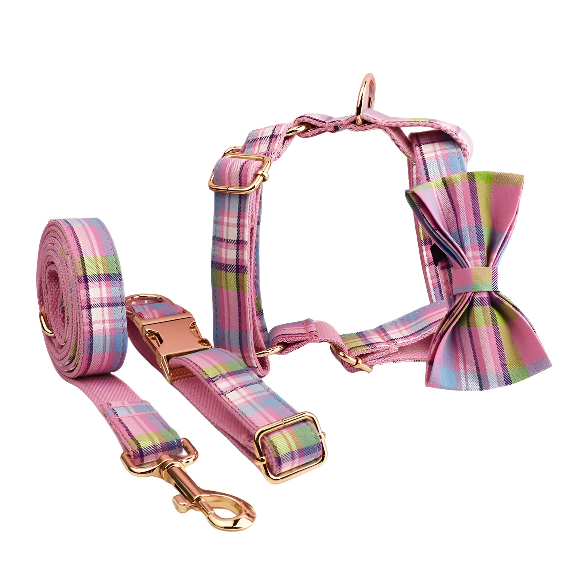 Qicaigei four-piece cloth dog collar, leash, vest, and bow set laid flat, showing assorted colour options.
