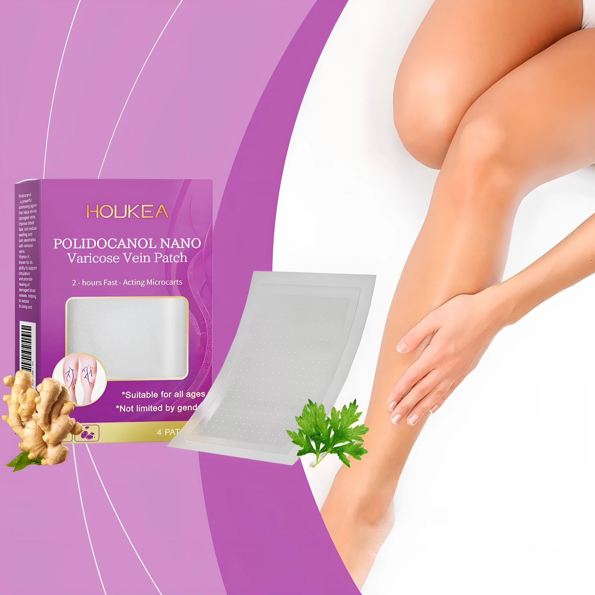 Pack of four micro needle patches for skin with moxa leaf and ginger root ingredients.