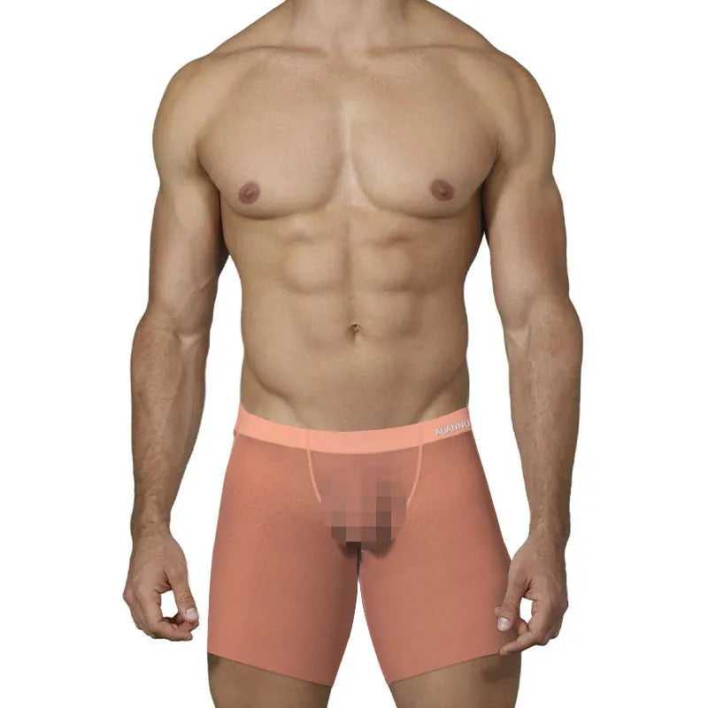 Men's ice silk nylon boxers in orange, pink or red with low waist design