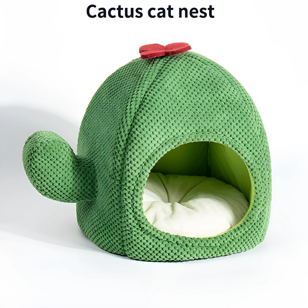 Green cactus-shaped enclosed pet bed cave for cats and small dogs