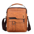 Khaki PU leather men's shoulder bag with zipper pockets measuring 22x27x8cm