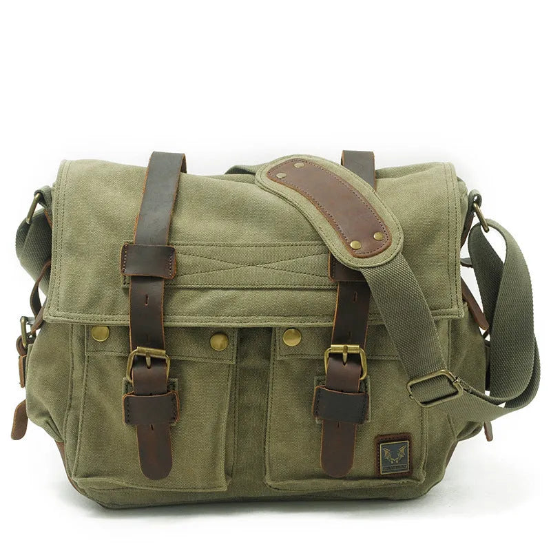 Army Green men's retro canvas crossbody shoulder bag with leather trim showing flap and internal organiser pockets.