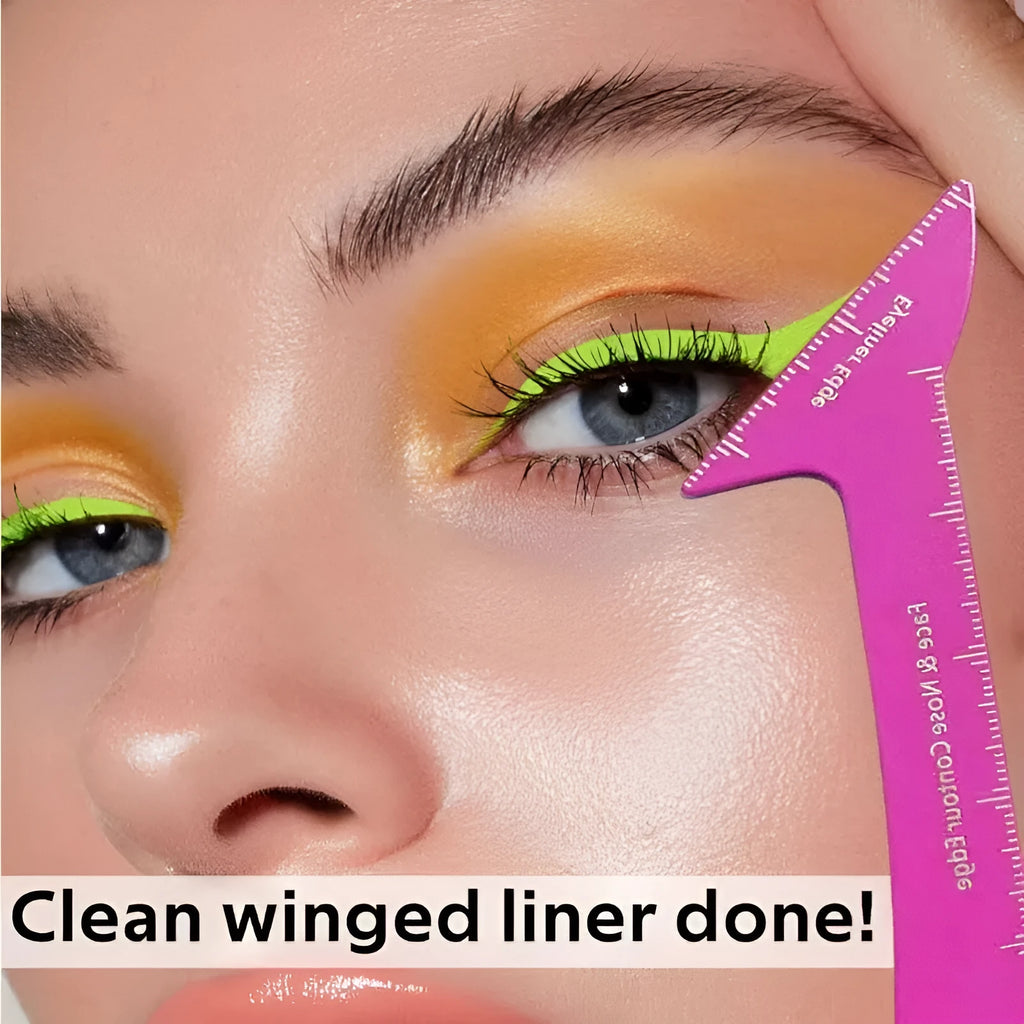 Reusable 3-in-1 makeup stencil for creating winged eyeliner and contour on hooded eyes.