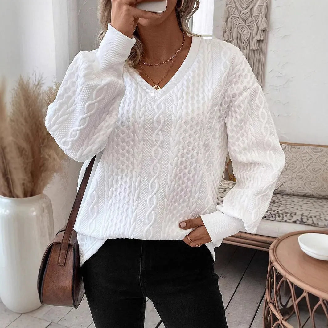 Milky white loose casual long sleeve T-shirt with 3D pattern in Japanese Korean style