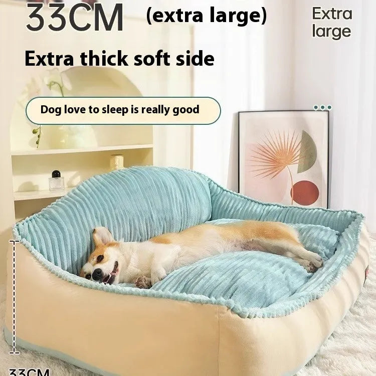 Morandi coloured washable dog mat and cat bed with a removable cover, shown in two sizes.