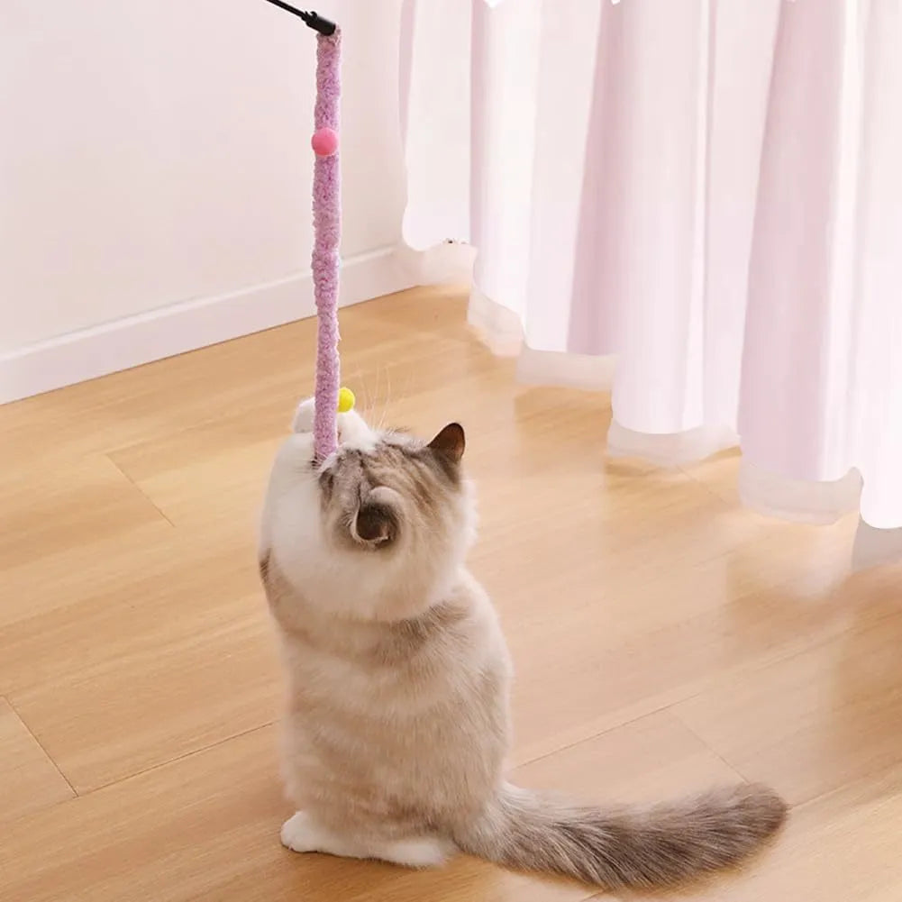 Blue cat teaser wand with a long plush strip and fluffy bell toy on a 41cm pole.