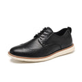 Men's black slip-on casual shoe with PU leather upper and round toe on a grey background.