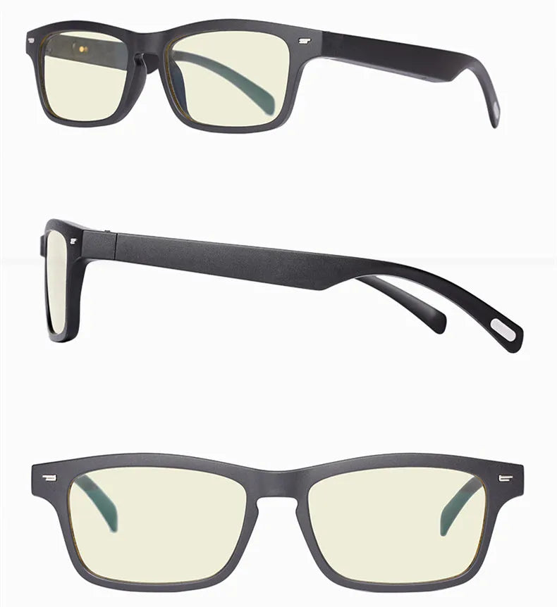 Smart sunglasses with open-ear Bluetooth speakers and polarised lenses on a table with charging case.