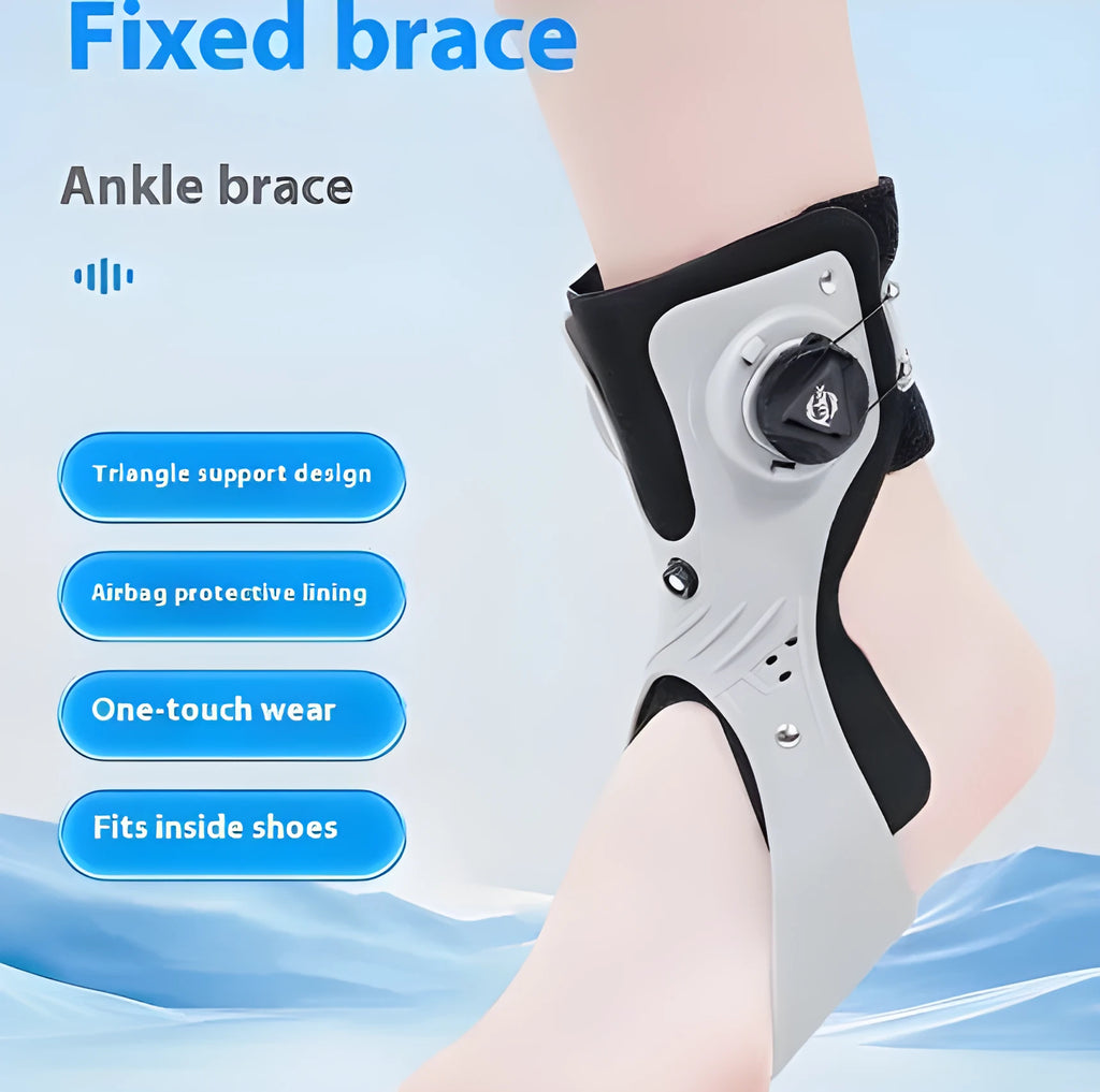 Grey and black ankle support brace with airbag button fixation, shown in left and right foot versions.