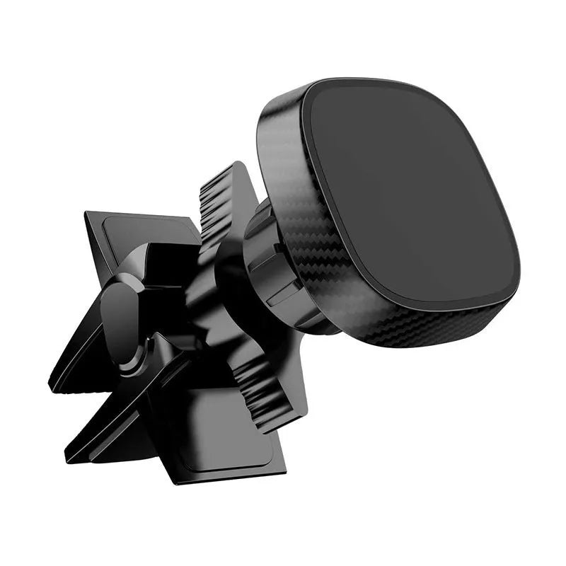 Black magnetic car phone holder mounted on vehicle air vent with adjustable baffle bracket