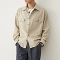 Men's light sand rice casual long sleeve shirt with a contrasting cotton fabric lapel.