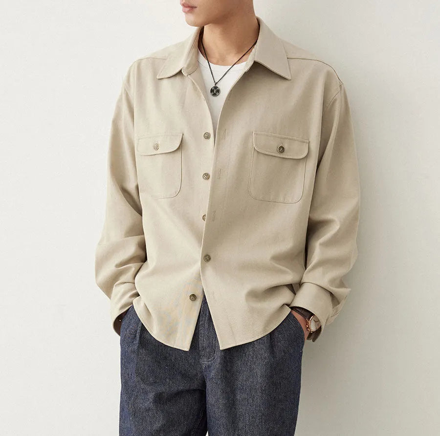 Men's light sand rice casual long sleeve shirt with a contrasting cotton fabric lapel.