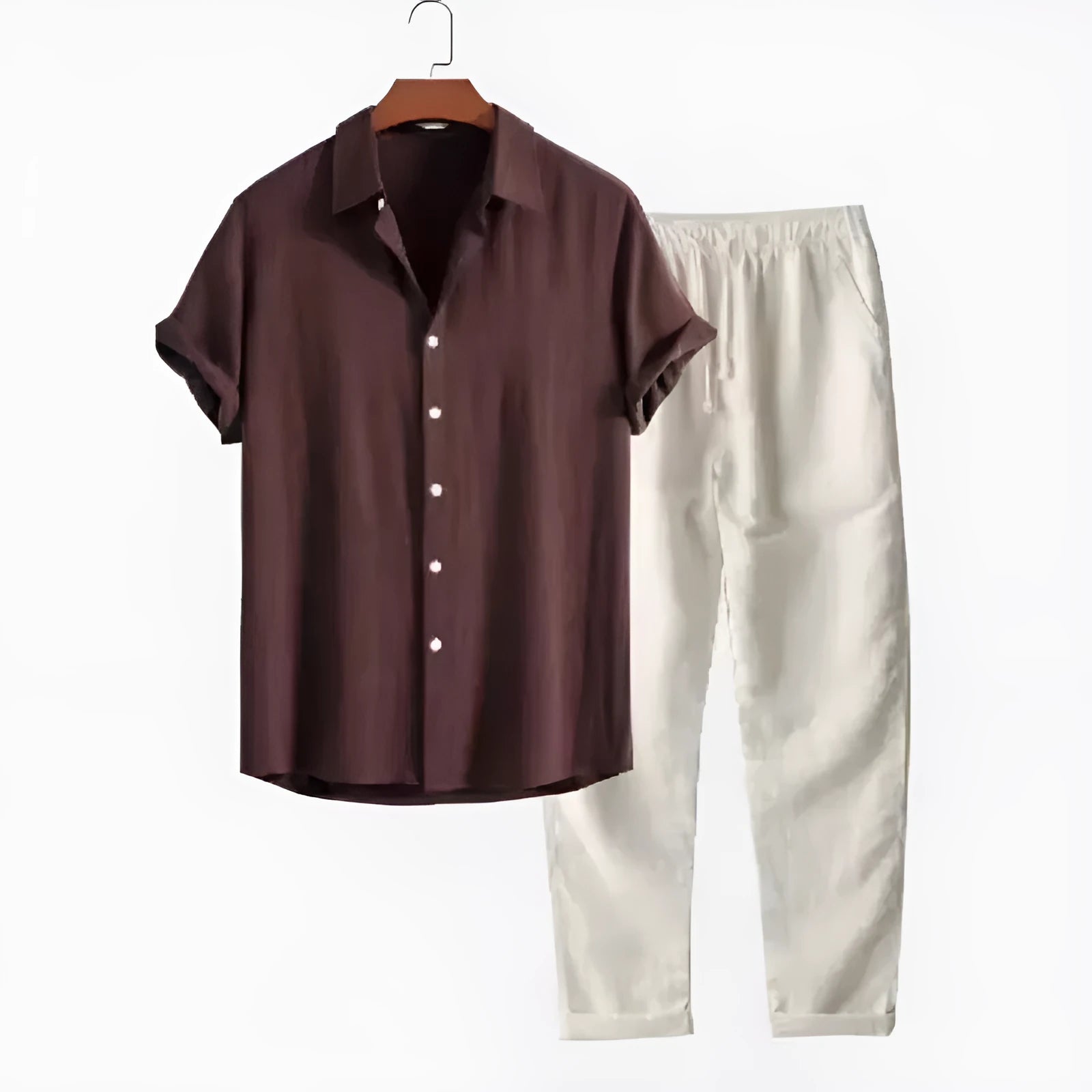 Men's loose fitting short sleeve shirt and casual trousers set in linen-look fabric.